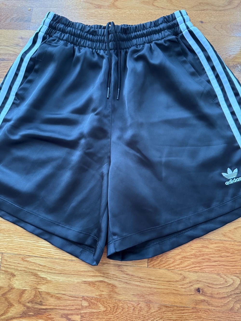 adidas satin Black Shorts with White Three-Stripes